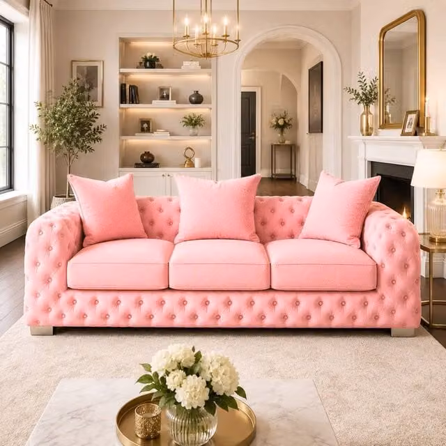 Stratus Interiors Ashley Scatter Back Chesterfield Fabric Sofa 2 and 3 Seater Set in Pink – 1