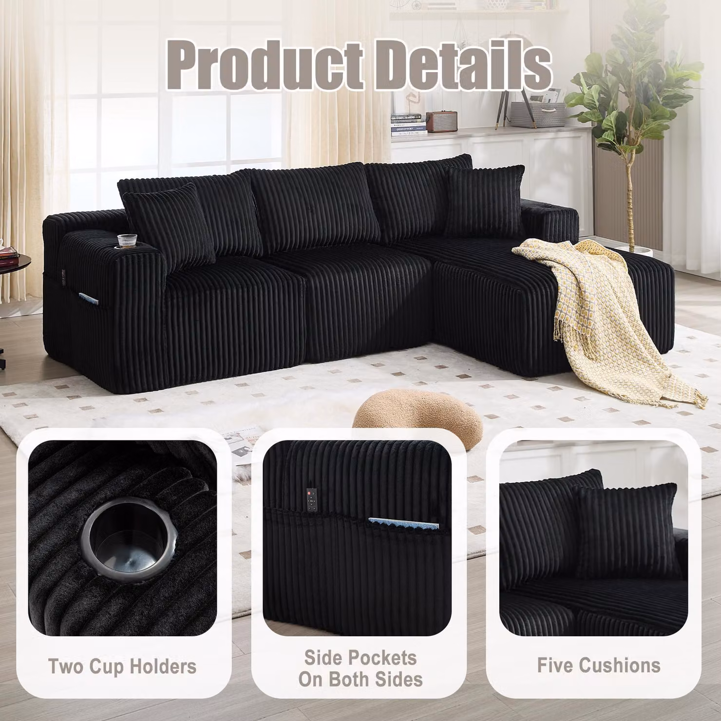 Aosom UK Modular L-Shaped Sectional Sofa in Black Corduroy with Deep Seats and Reversible Design, W/D/H: 160 x 257 x 80 cm – 5