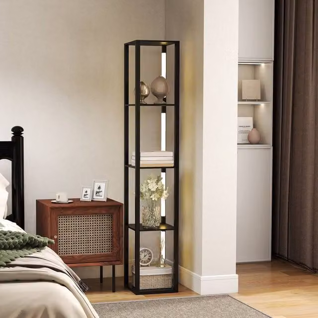 EONLION Black Metal Floor Lamp with 4-Layer Shelves and Dimmable LED Warm White Light – 1