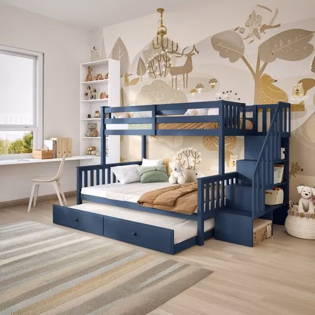 Flair Modern Triple Staircase Bunk Bed with Trundle and Drawers in Blue Wood