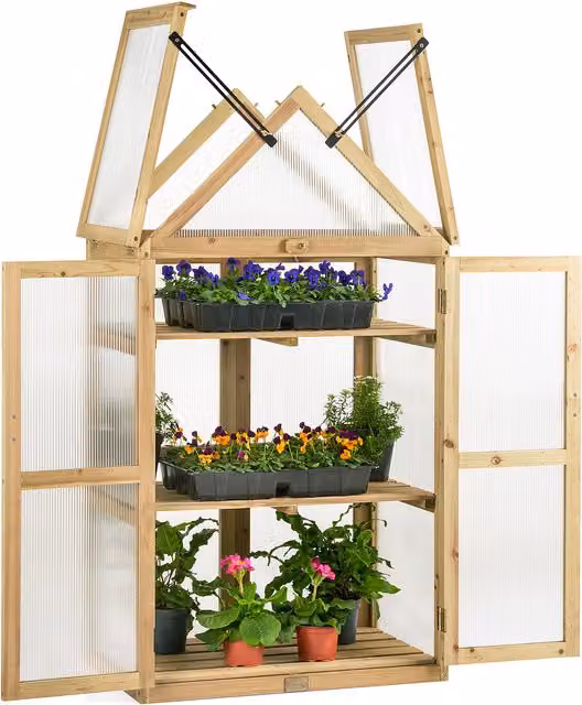 Christow Apex 3 Tier Lean-to Cold Frame Greenhouse in Brown and Grey Wood and Polycarbonate