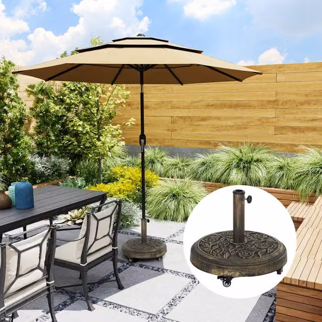 Outsunny Bronze Tone Parasol Base with Wheels, 21kg Cast Iron Effect Metal Design