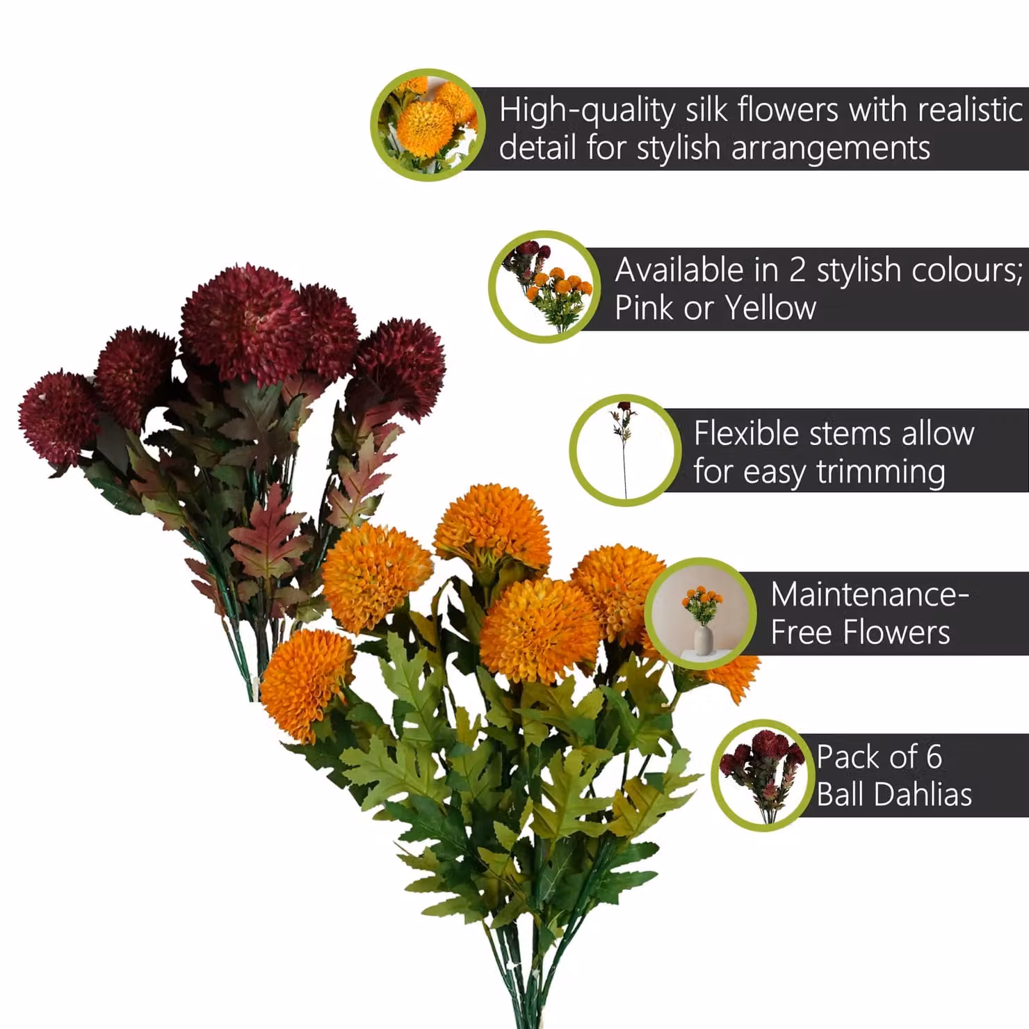 Pegdev Pack of 6 Pink and Yellow Artificial Round Ball Dahlia Flower Stems, Height: 70 cm – 1