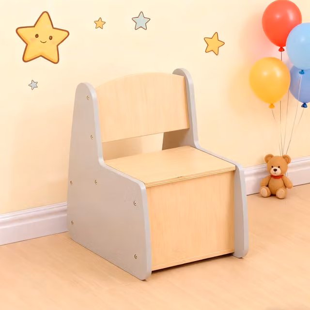 HMD Furniture Toddler Multi-Use Table and Chairs with Hidden Storage, Grey and Natural