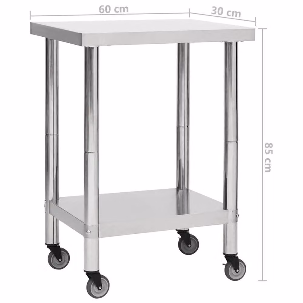 FLAVORA Stainless Steel Rolling Kitchen Work Table in Metallic Silver, W/D/H: 60 x 30 x 85 cm