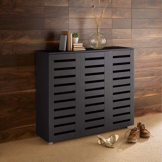 Home Source Oslo 3 Door Shoe Storage Cabinet Unit in Matt Black