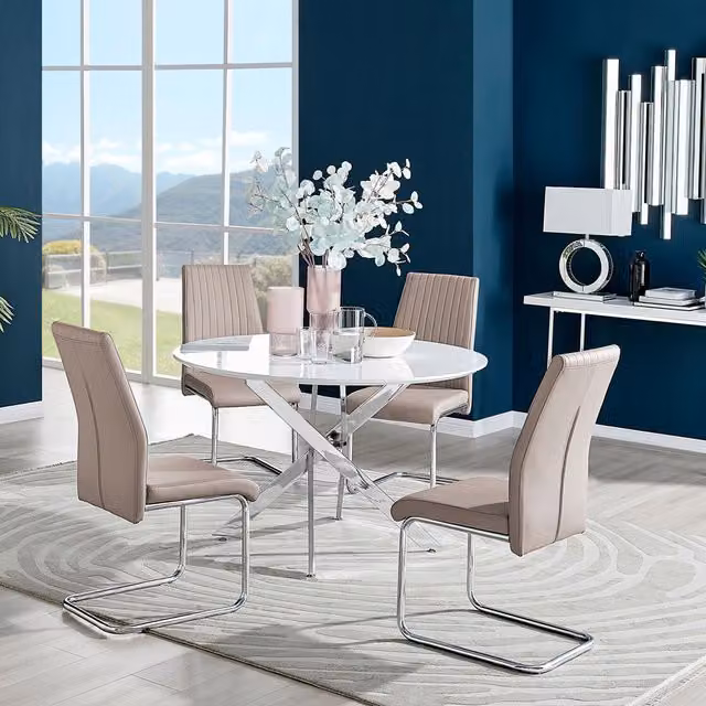 FurnitureboxUK Novara White High Gloss Round Dining Table and 4 Lorenzo Chairs in Cappuccino with Silver Accents