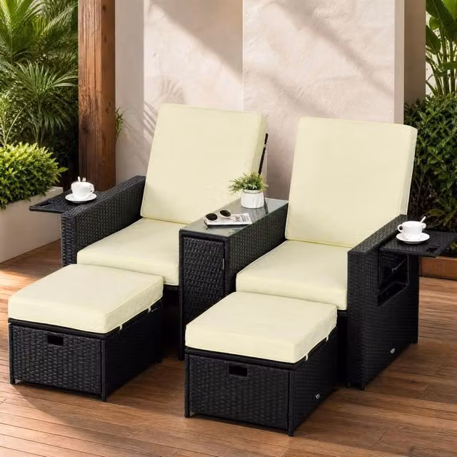 STILVORA 5 Piece Sun Lounger Set with Storage Footstools in Black