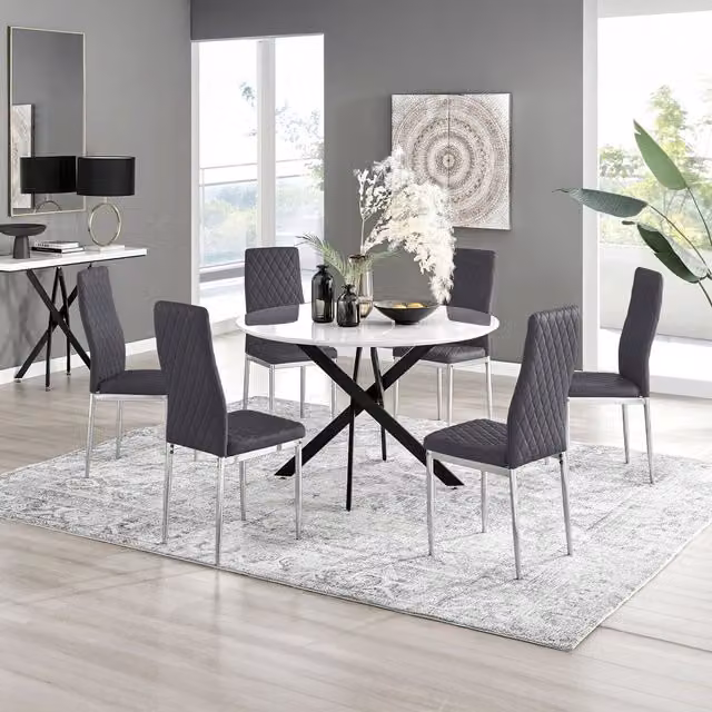 FurnitureboxUK Novara White Gloss Round Dining Table with 6 Grey Velvet Milan Chairs, Diameter: 120 cm