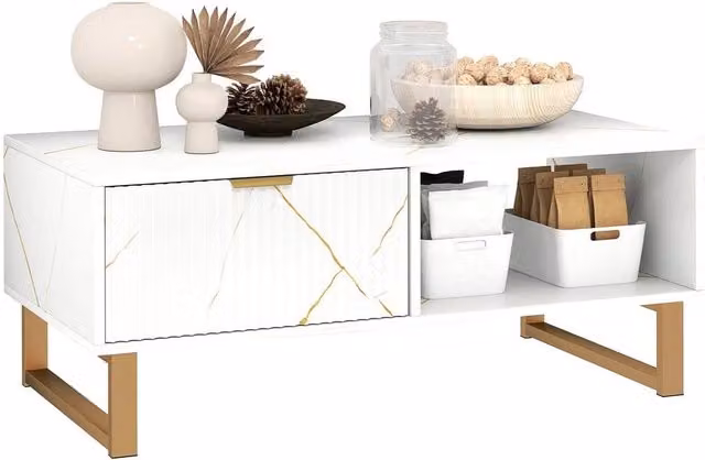 PAWNORA Modern White Glossy Coffee Table with Drawer