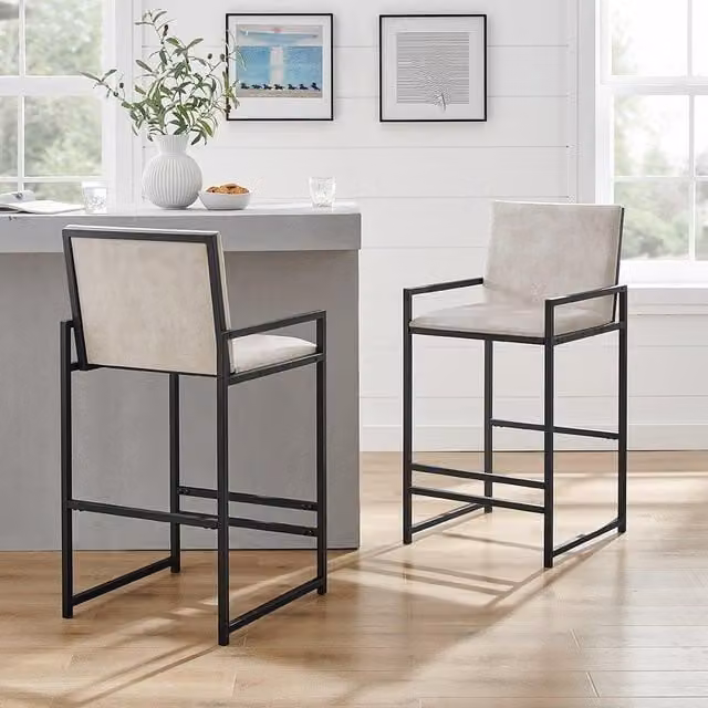 Modish Furnishing Kai Set of 2 Cream Velvet Bar Stools with Black Metal Square Frame