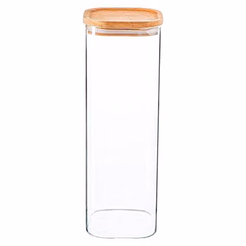 Argon Tableware Square Glass Storage Jar with Airtight Wooden Lid, 2.2 l, Transparent