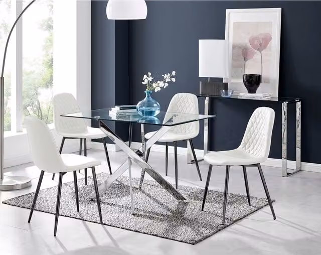 FurnitureboxUK Leonardo Dining Set with White Rectangular Glass Table and Four Corona Black Metal Chairs