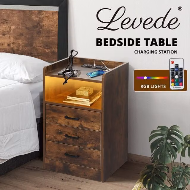 Levede Modern 3 Drawer Bedside Table with Integrated RGB LED Light in Oak