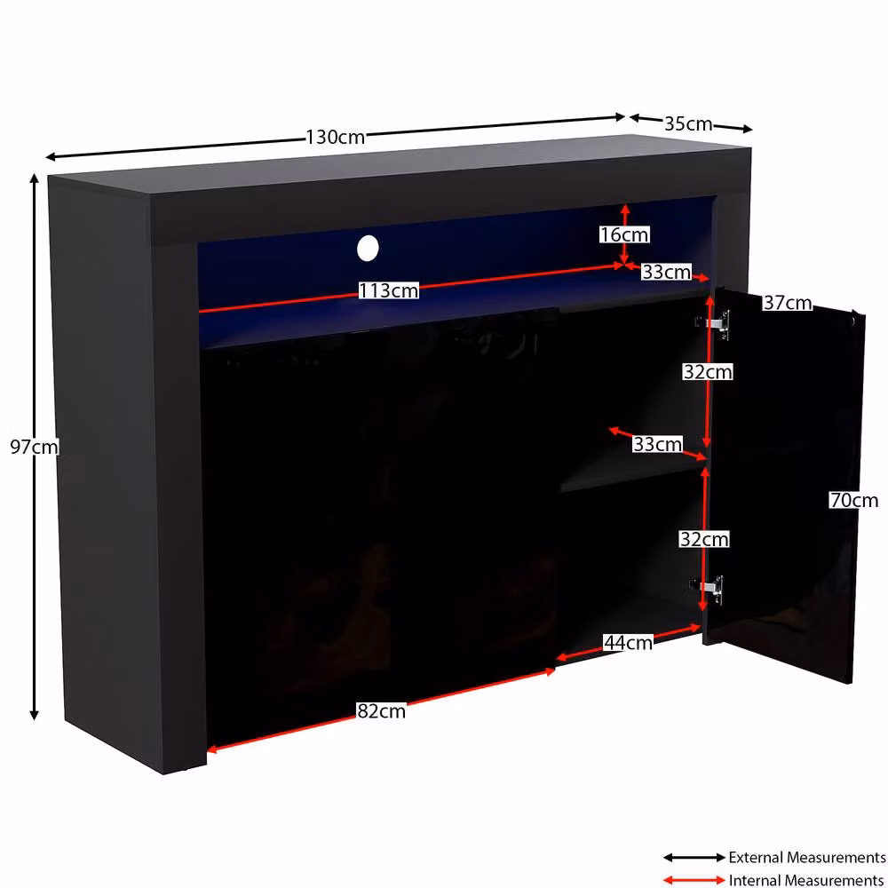 HD Designs Nova 3 Door LED Sideboard Cabinet in Black, W/D/H: 130 x 97 x 35 cm – 2