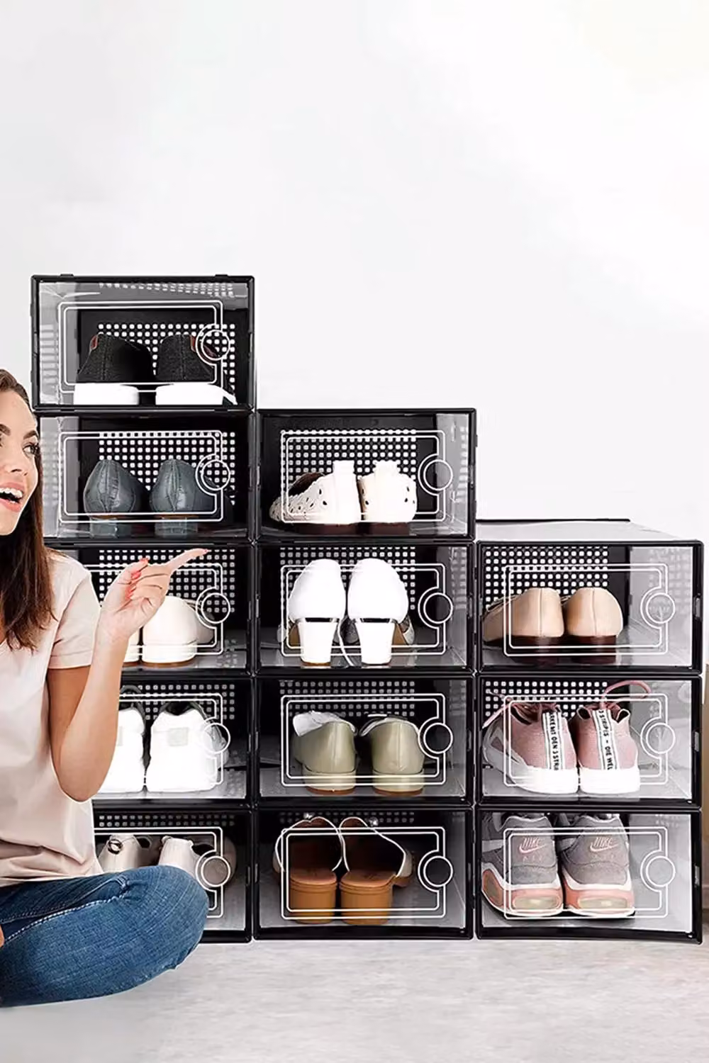 Living and Home 12-Piece Stackable Shoe Storage Box Organiser in Black and Transparent Plastic – 2