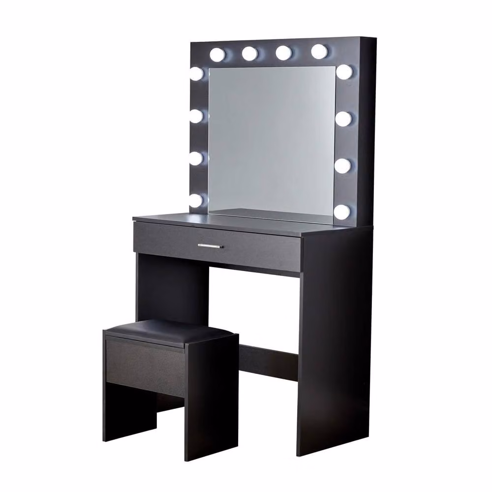 Home Source Black Modern Dressing Table and Stool Set with Hollywood LED Mirror, W/D/H: 140 x 40 x 80 cm – 5