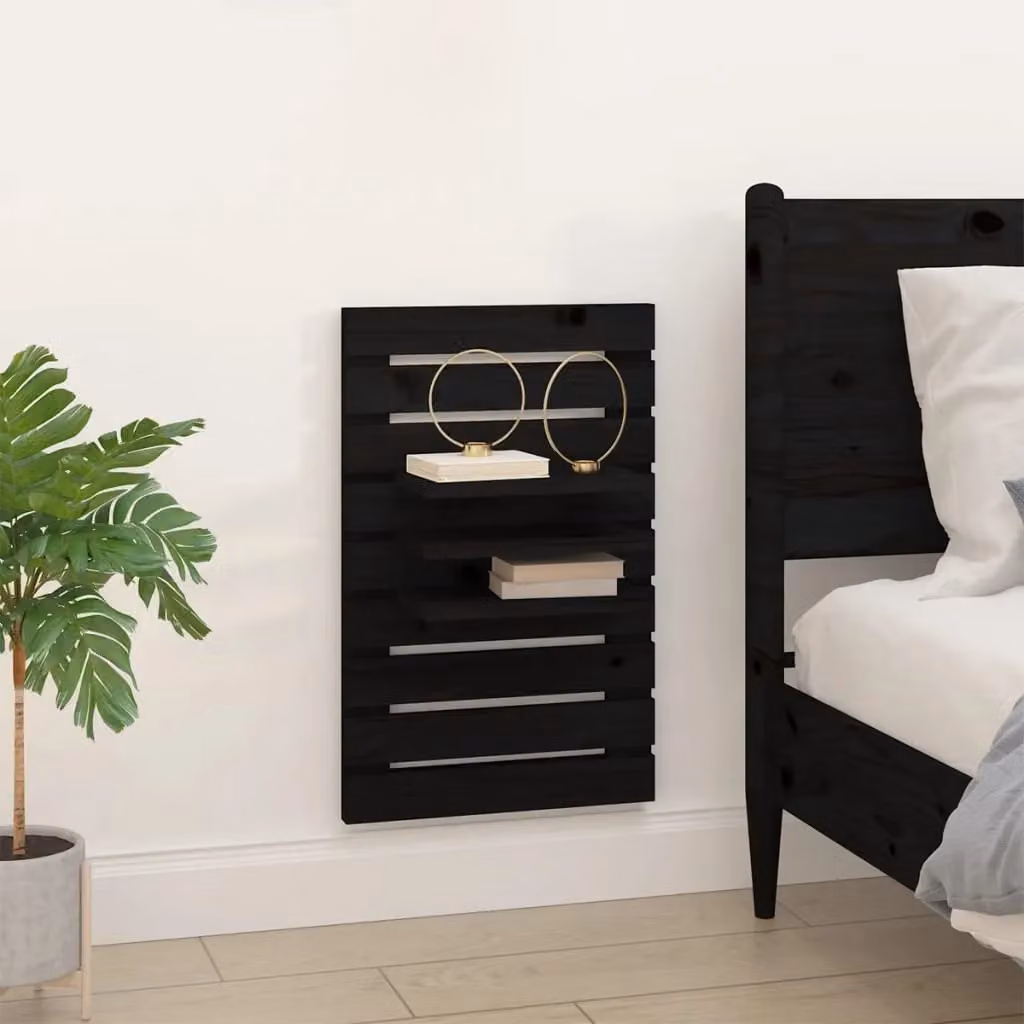 Berkfield Home Set of 2 Black Solid Pine Wall-mounted Bedside Shelves – 3