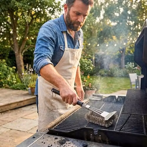 SHATCHI Heavy Duty BBQ Cleaning Brush with Scraper, Stainless Steel Wire Bristles and Long Handle for Gas or Charcoal Grills, Black and Silver – 10
