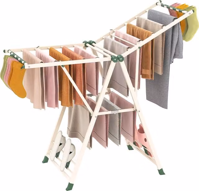 Costway Foldable Metal Laundry Drying Rack with Wing Arms in Beige and White