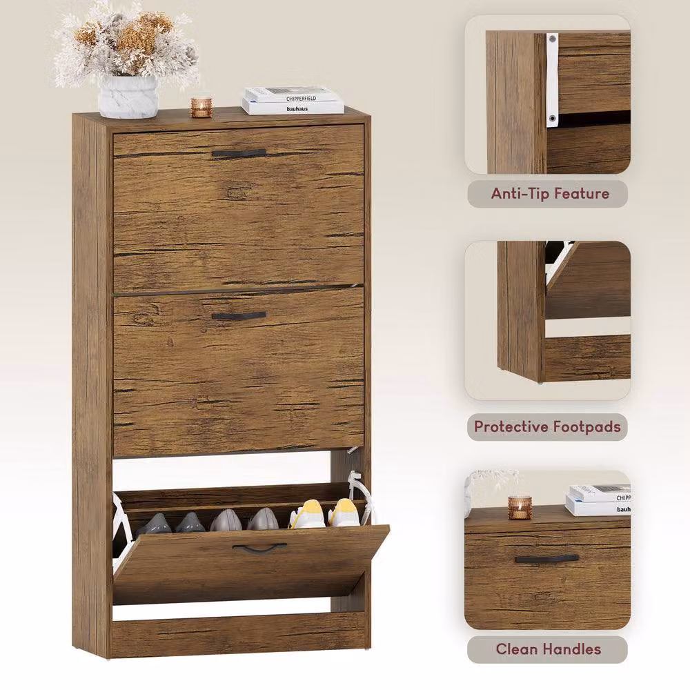 HD Designs Vida Designs Modern Brown 3 Drawer Shoe Cabinet with Tilting Compartments – 3