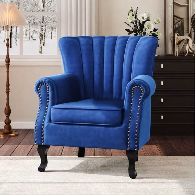 Komore Blue Velvet Wingback Armchair with Studded Details