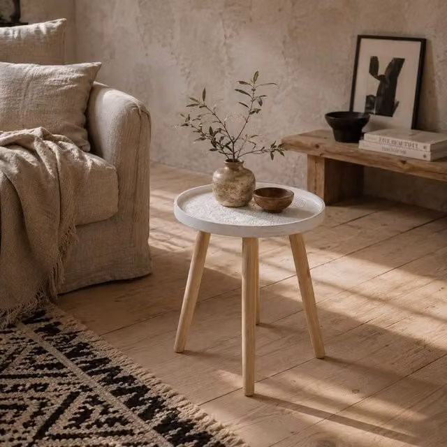 Wyld Haus Nona White Round Wood Side Table with Carved Floral Tray Top, W/D/H: 40.5 x 40 x 40 cm