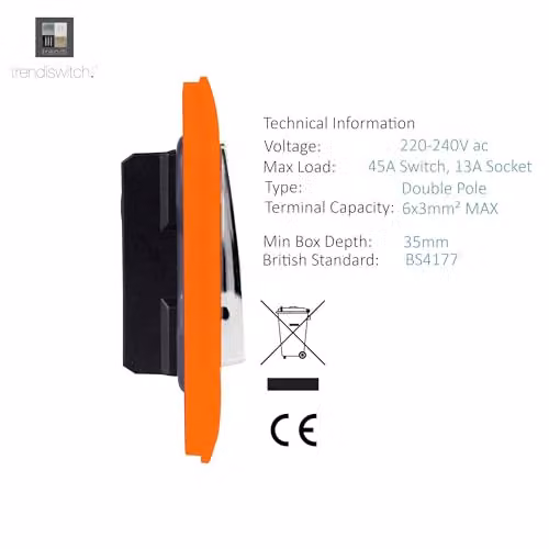 Trendi Switch Screwless Artistic Modern Decorative Glossy 45 A Cooker Switch Control Unit and Single Plug Socket with Neon Indicator in Sunset Orange ART-WHS213OR – 2