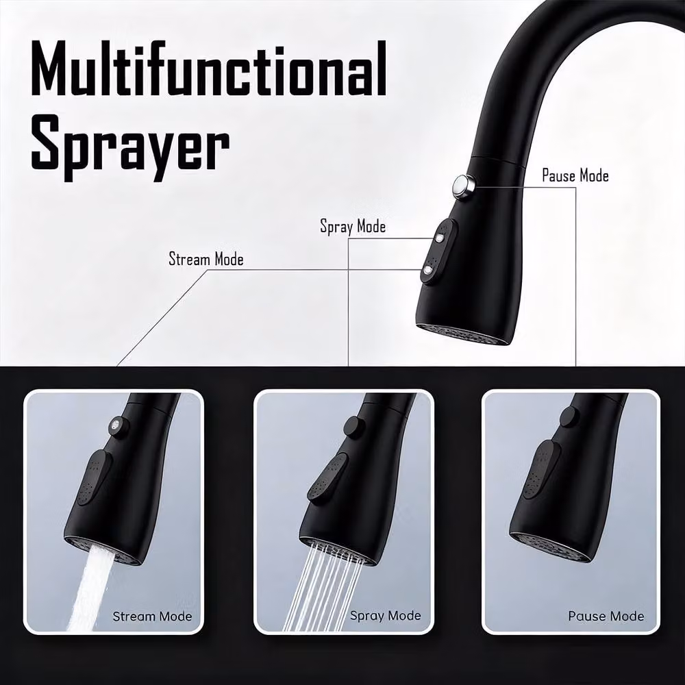 Kelvenix Black Single Lever Kitchen Sink Mixer Tap with 360 Degree Rotation, Pull Out Spout and Spray Function – 5