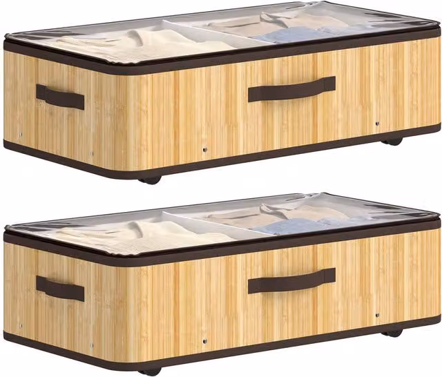 HOMCOM 2 Pack 60L Underbed Storage Boxes with Lids and Wheels, Beige