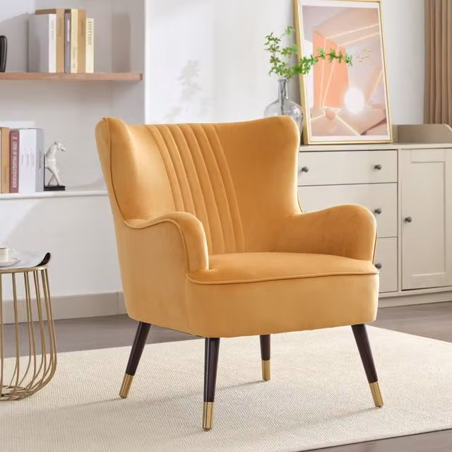 Artemis Home Modern Yellow Velvet Fabric Accent Chair with Armrests and Solid Wood Frame