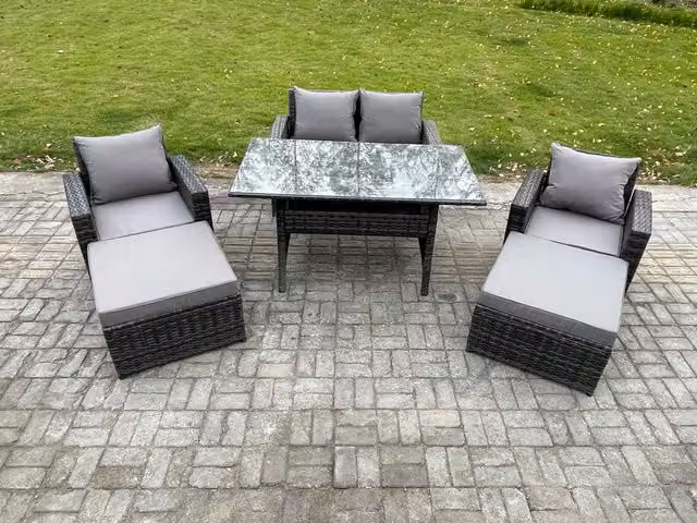 Fimous 6 Seater High Back Rattan Garden Furniture Set with Dining Table, Armchair and 2 Footstools in Dark Grey Mixed