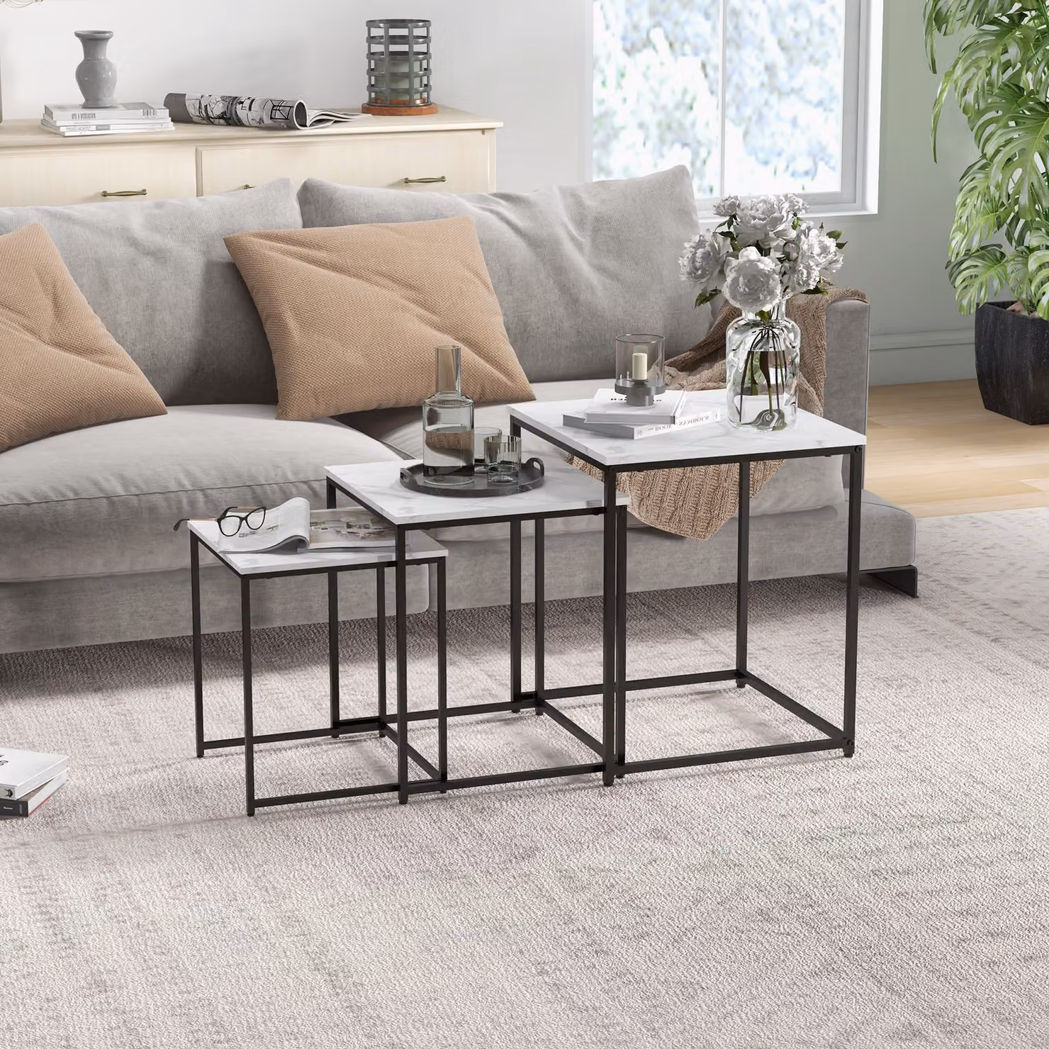 HOMCOM Set of 3 Nesting Side Tables with Faux Marble Effect Top and Steel Legs in White – 2