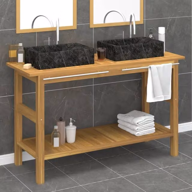 Berkfield Home Modern Freestanding Teak Bathroom Vanity Cabinet with Black Marble Sinks