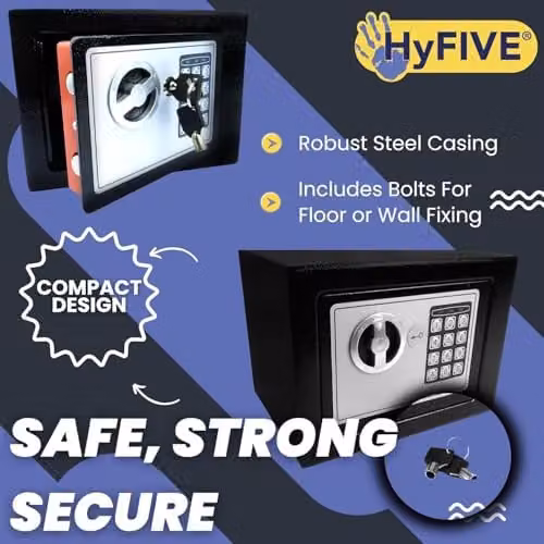 Hyfive High Security Steel Electronic Safe Box with Digital Keypad and Two Keys, Black, W: 23.0 cm, D: 17.0 cm, H: 17.0 cm – 3