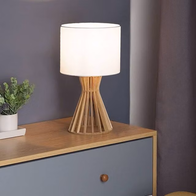 Wyld and Coco Table Lamp with Brown Wood Base and White Fabric Shade – 1