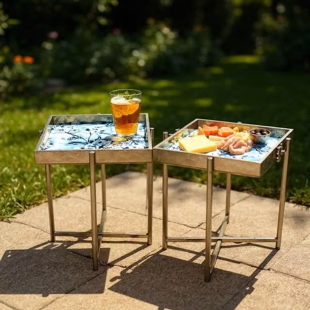 Minster Stylish Living Ltd Set of 2 Square Marble-Effect Tray Top Tables with Gold Metal Frames
