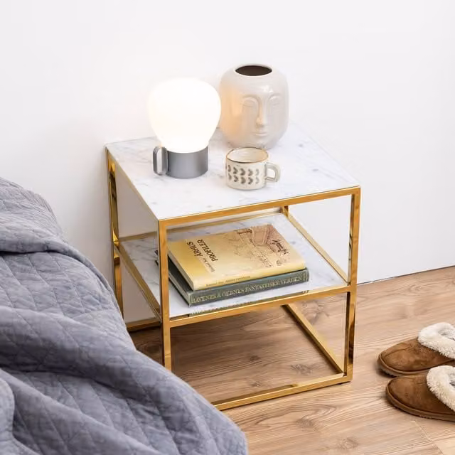 Furniture To Go Alisma Modern Bedside Table with White Marble Glass and Gold Metal Base