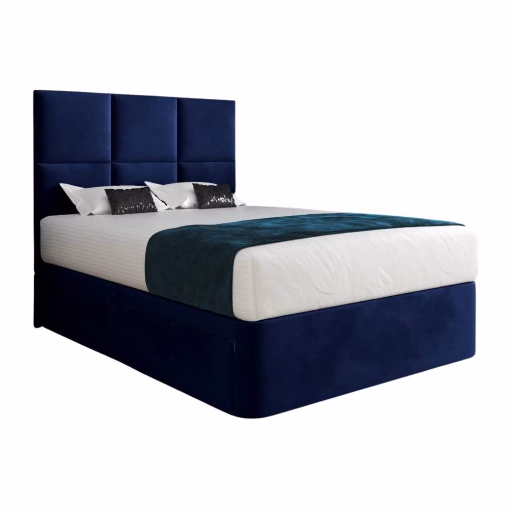 KDMD Isham Blue Velvet Upholstered Designer Bed Frame with Headboard, W/D/H: 120 x 200 x 137 cm – 2