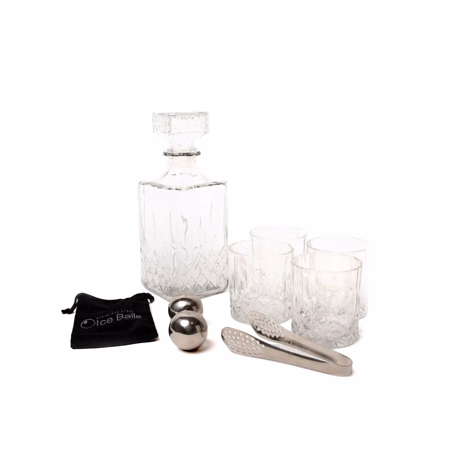 BarCraft 8-Piece Bar Tool Set with Glass Decanter, 4 Tumbler Glasses, Ice Balls, Tongs and Bag in Clear – 2
