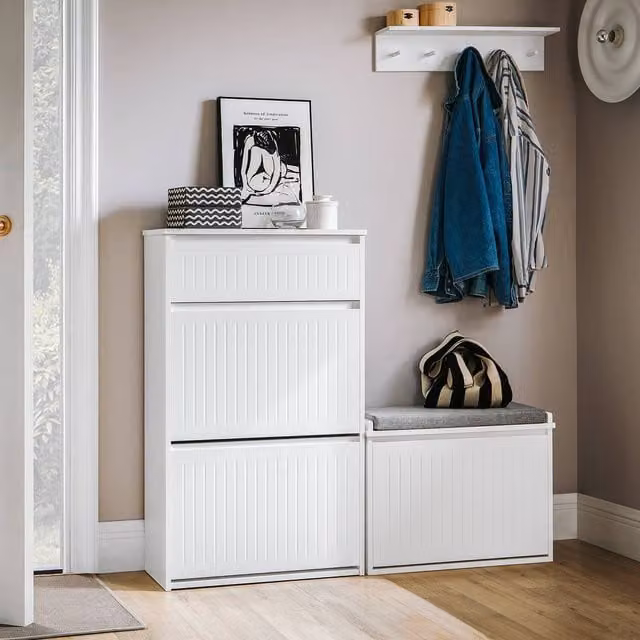 SoBuy Modern Slim White Shoe Cabinet with Drawer and Tilting Compartments – 1