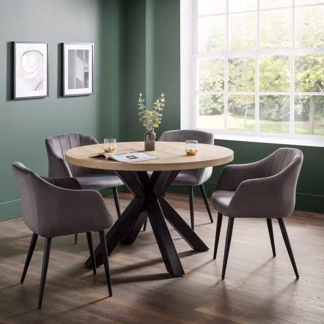 Julian Bowen Berwick Round Oak Dining Table and 4 Hobart X-Frame Chairs Set in Grey and Black