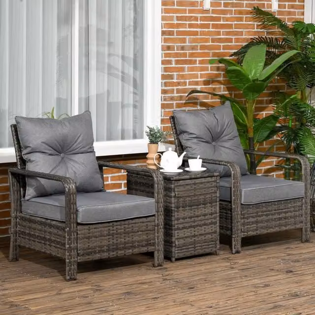 OUTSUNNY 3 Piece Grey PE Rattan Garden Sofa Set with 2 Chairs and Storage Table