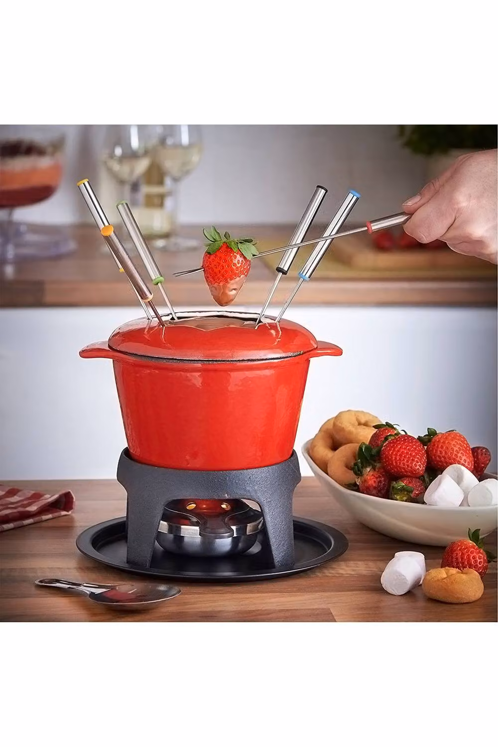 Living and Home Enamel Cast Iron Fondue Set with Forks and Burner in Red – 3