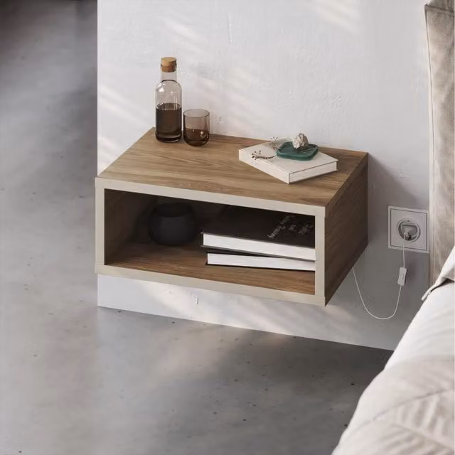 Decortie Brik Modern Floating LED Bedside Table in Brown Oak and Sandstone, W: 45 cm, H: 30 cm, D: 18 cm