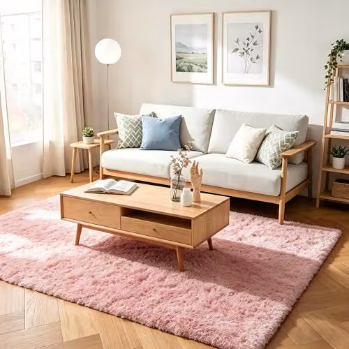 MCC Direct Faux Fur Rectangular Shaggy Area Rug in Pink, W/D: 60 x 110 cm – 6