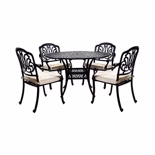 Charles Bentley Modern Round Garden Dining Set in Black and Beige Powder Coated Aluminium, W/D/H: 120 x 120 x 90 cm