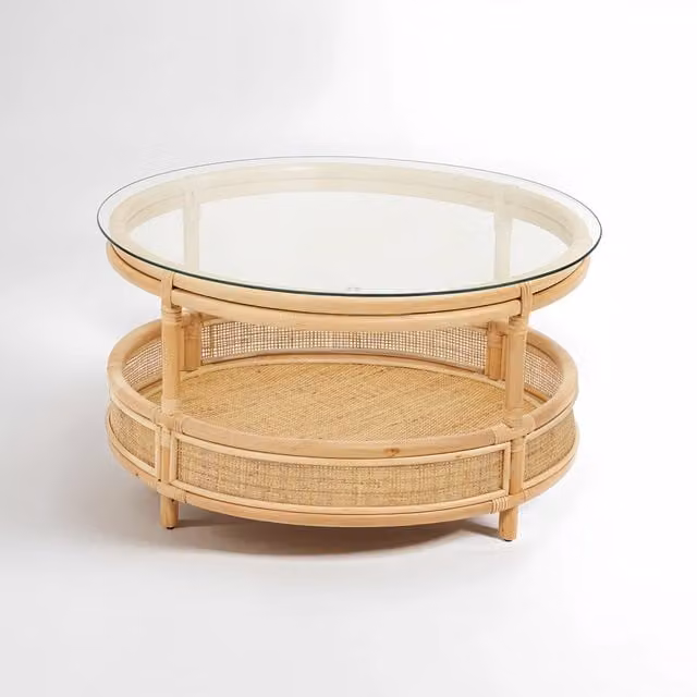 Orsina Round Rattan Coffee Table with Glass Top in Natural