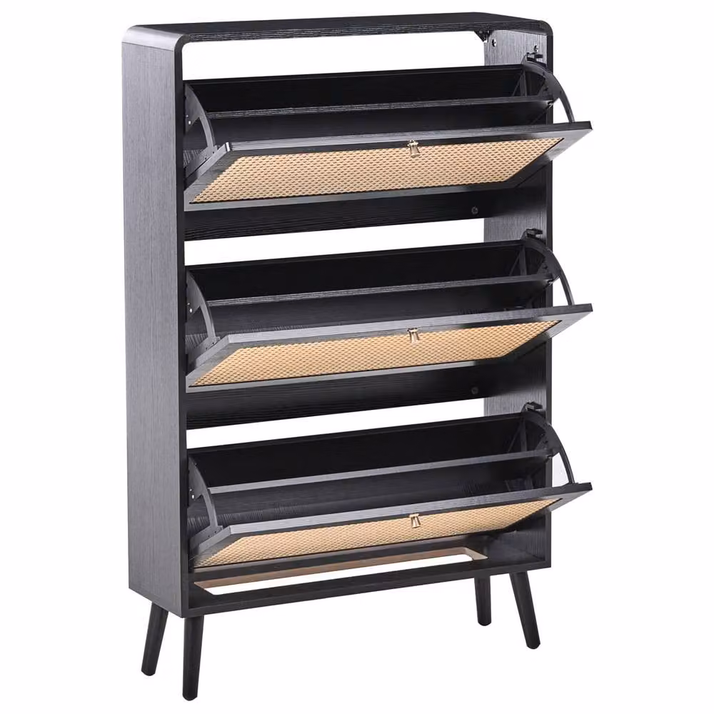 Wyld and Coco Boho Black Wood and Rattan Shoe Storage Cabinet with Three Tilting Compartments, W/D/H: 122 x 78 x 30 cm – 3