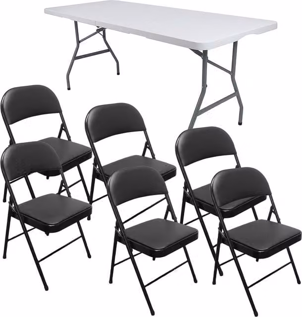 Royalford Black Metal Foldable 6ft Table and 6 Chair Set